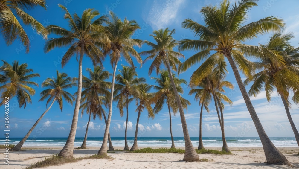 Tropical beach scene with tall palm trees under a clear blue sky and gentle waves creating a serene coastal atmosphere. Tropical beach scene with tall palm trees under a clear blue sky and gentle waves creating a serene coastal atmosphere.