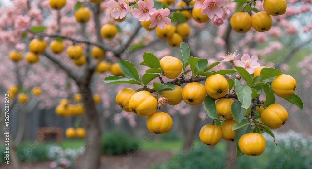 Kumquat Trees with Blossoming Flowers in a Spring Garden Featuring Abundant Fruits and Space for Text Overlay Kumquat Trees with Blossoming Flowers in a Spring Garden Featuring Abundant Fruits and Space for Text Overlay