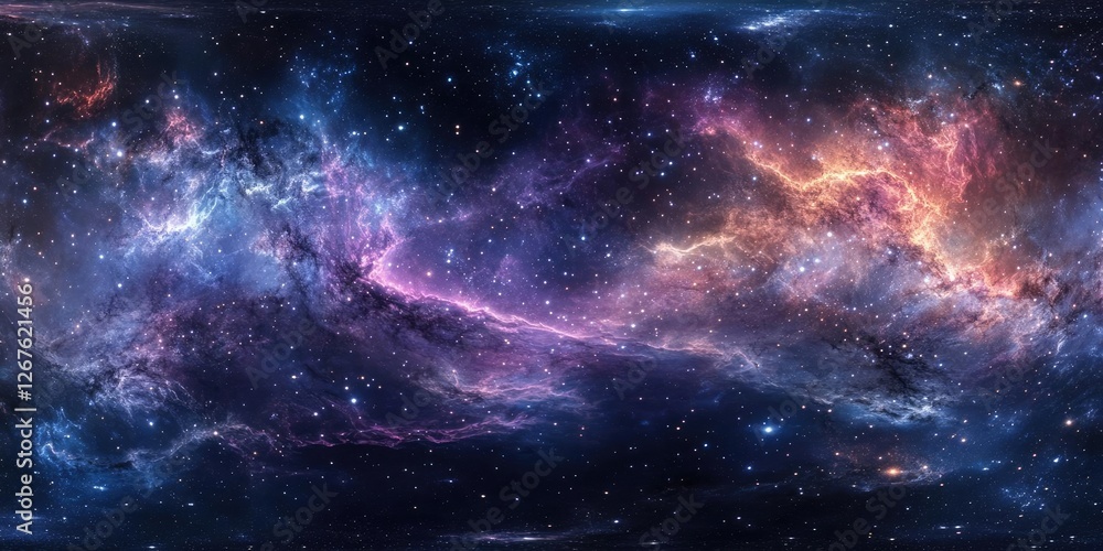 Obraz premium Stunning 360 Degree Space Panorama Featuring a Vibrant Nebula Twinkling Stars and a Mesmerizing HDRI Equirectangular Projection for Cosmic Visualization