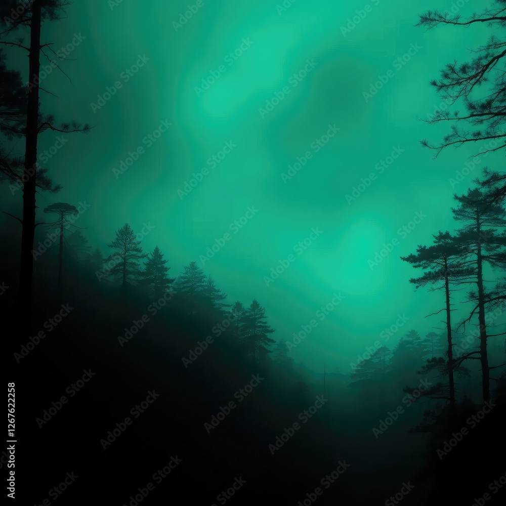 Obraz premium Mysterious forest with dark teal green black gradient background, forest, landscape