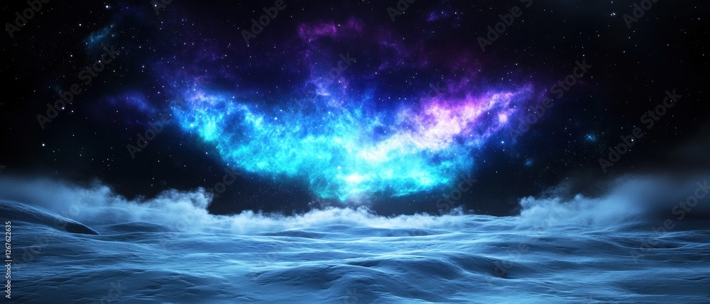Fototapeta premium A stunning cosmic landscape with a vibrant nebula over tranquil waters.
