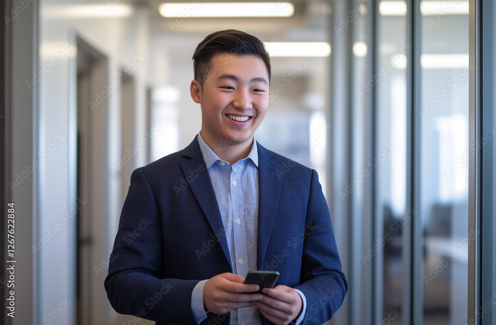 A smiling businessman in his late thirties, wearing business casual attire, is looking at the screen of an Phone with joy, standing inside an office. He has short hair and a beard A smiling businessman in his late thirties, wearing business casual attire, is looking at the screen of an Phone with joy, standing inside an office. He has short hair and a beard