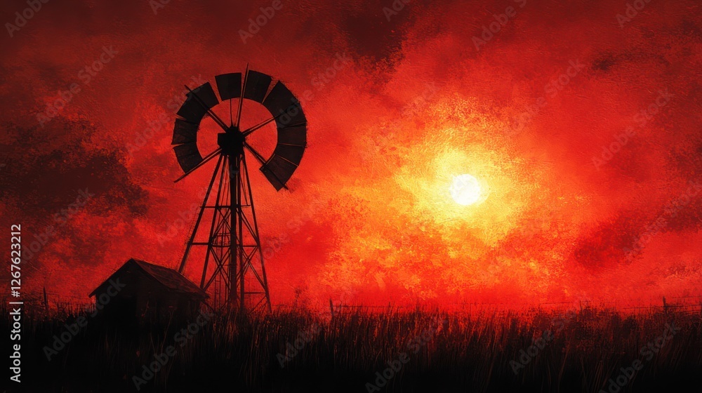 Windmill sunset, rural scene, fiery sky, farm, atmospheric Windmill sunset, rural scene, fiery sky, farm, atmospheric