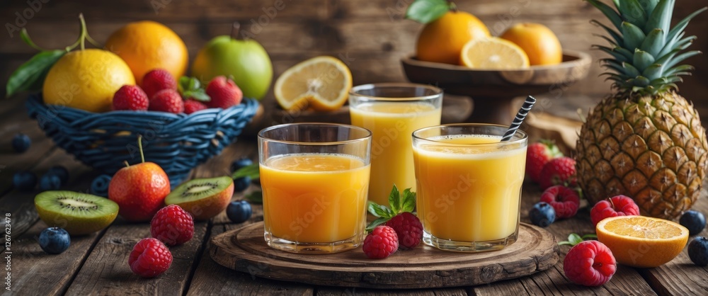 Fresh Fruits and Juices Displayed on Rustic Wooden Table with Assorted Berries and Empty Space for Custom Text or Branding Fresh Fruits and Juices Displayed on Rustic Wooden Table with Assorted Berries and Empty Space for Custom Text or Branding
