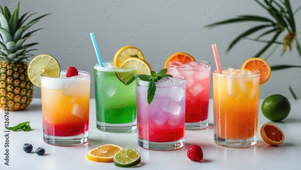 Fototapeta premium Colorful Summer Cocktails Displayed on White Table with Fresh Ingredients and Tropical Vibes Ideal for Seasonal Promotions and Events.