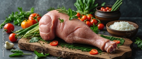 Raw Pork Hind Leg with Fresh Vegetables and Empty Space for Culinary Text or Recipe Display photo