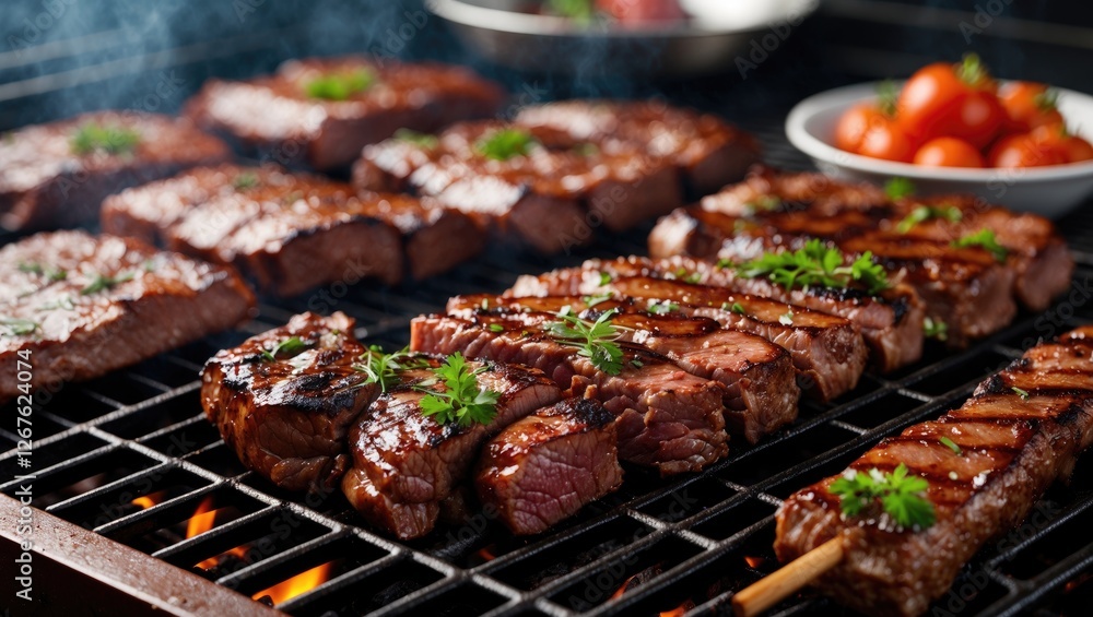 Delicious Barbecue Beef Steaks on Grill with Fresh Herbs and Tomatoes Ideal for Summer Cookouts and Culinary Promotions Delicious Barbecue Beef Steaks on Grill with Fresh Herbs and Tomatoes Ideal for Summer Cookouts and Culinary Promotions