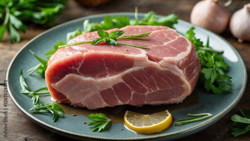 Fresh Pork Roast Garnished with Herbs and Lemon on a Rustic Plate Ready for Culinary Preparation Fresh Pork Roast Garnished with Herbs and Lemon on a Rustic Plate Ready for Culinary Preparation
