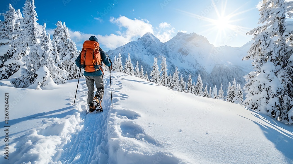 Snowshoeing hiker ascends snowy mountain peak, winter sun Snowshoeing hiker ascends snowy mountain peak, winter sun