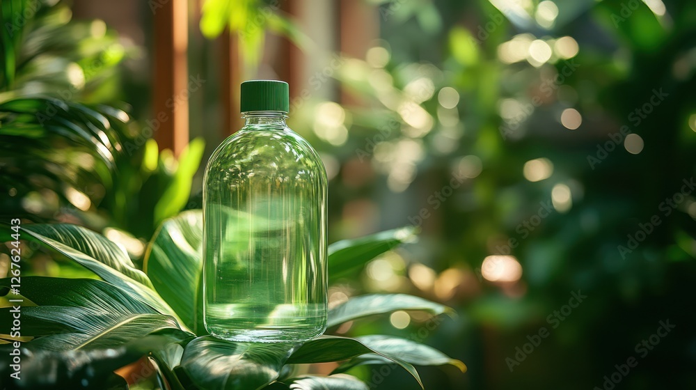 Green bottle with liquid, lush foliage background, natural product concept, health