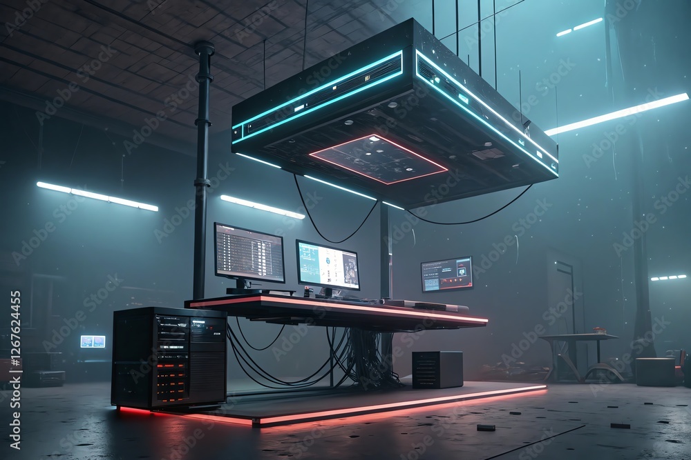 Futuristic workspace with advanced computers and neon lights.