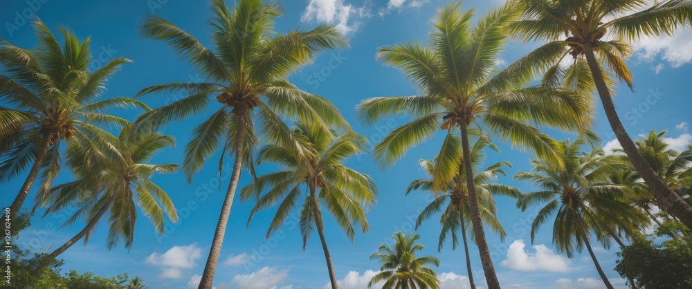 Tropical Paradise with Lush Green Coconut Trees Against a Clear Blue Sky and Bright Sunshine Tropical Paradise with Lush Green Coconut Trees Against a Clear Blue Sky and Bright Sunshine