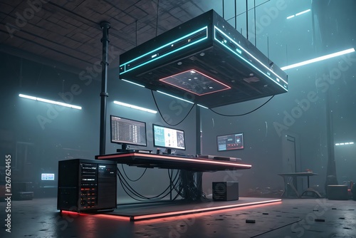 Obraz na płótnie Futuristic workspace with advanced computers and neon lights. w salonie
