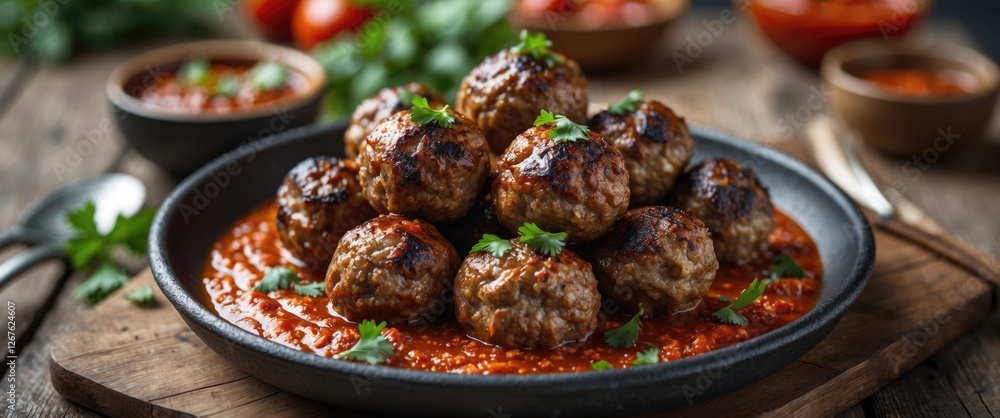 Grilled Meatballs Served in Spicy Sauce on Rustic Wooden Table with Fresh Herbs and Empty Space for Text or Branding Grilled Meatballs Served in Spicy Sauce on Rustic Wooden Table with Fresh Herbs and Empty Space for Text or Branding
