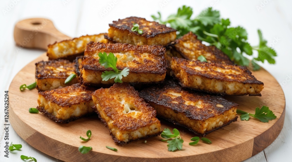 Crispy fried tempeh slices garnished with fresh herbs displayed on a wooden serving board against a bright white background Crispy fried tempeh slices garnished with fresh herbs displayed on a wooden serving board against a bright white background
