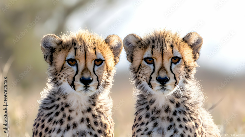 Obraz premium Two cheetah cubs facing camera in savanna