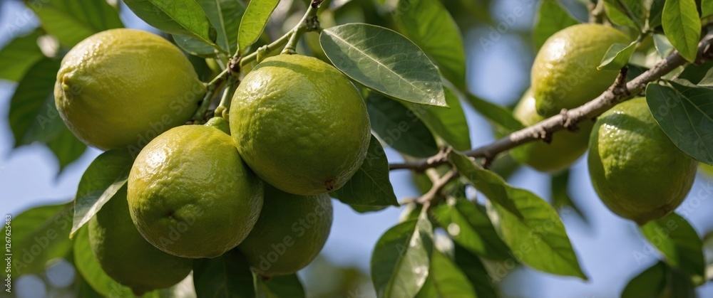 Ripe Green Lemons Growing on a Branch Surrounded by Leaves with Copy Space for Text Content and Design Elements Ripe Green Lemons Growing on a Branch Surrounded by Leaves with Copy Space for Text Content and Design Elements