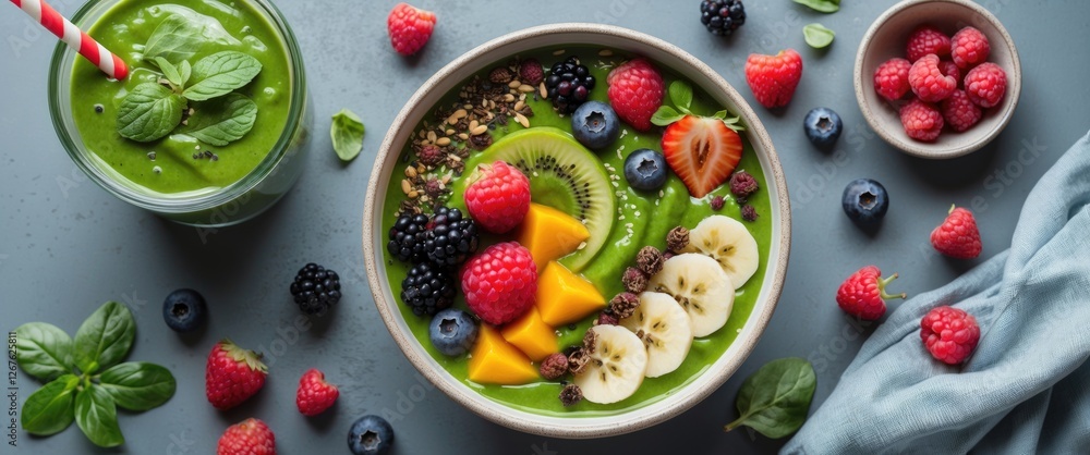 Vibrant Green Smoothie Bowl Garnished With Fresh Fruits And Berries Healthy Vegan Culinary Delight Top View With Copy Space Vibrant Green Smoothie Bowl Garnished With Fresh Fruits And Berries Healthy Vegan Culinary Delight Top View With Copy Space