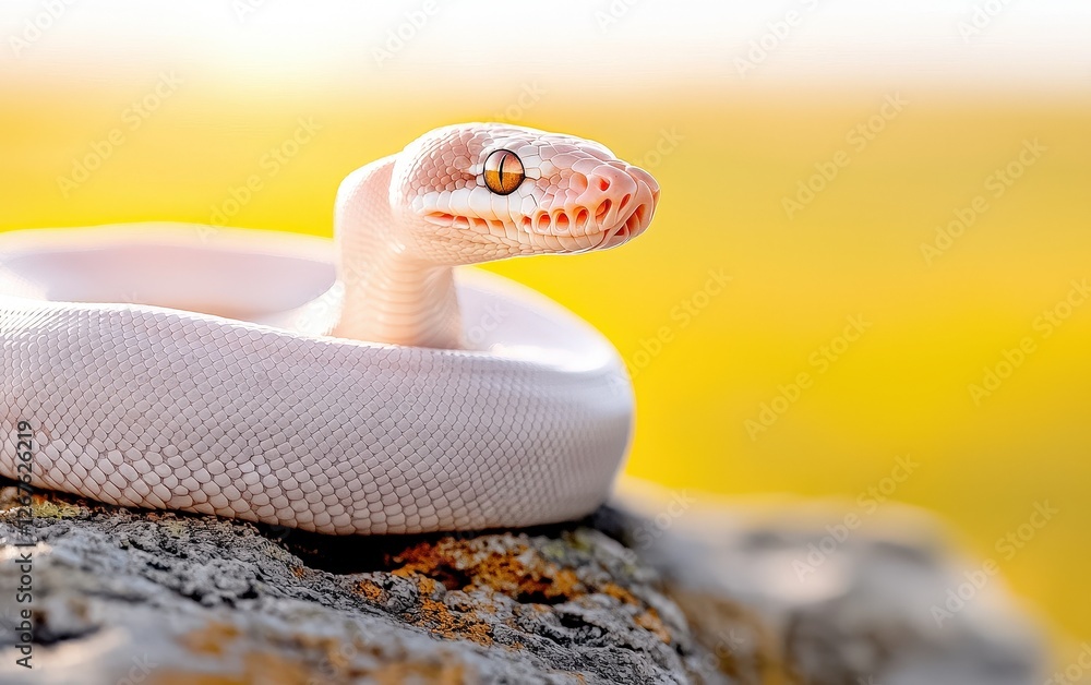 Fototapeta premium White snake coiled on a rock in natural habitat under bright sunlight