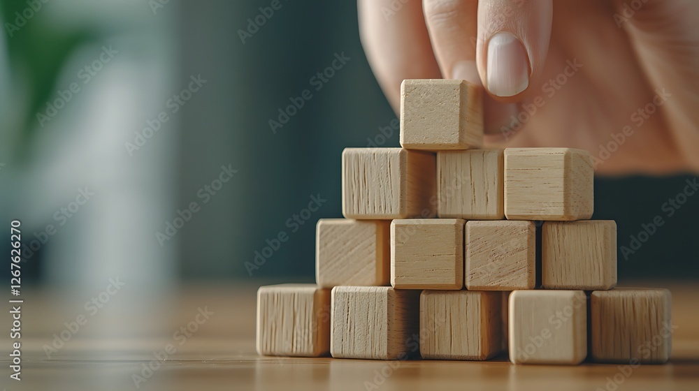 A hand stacking wooden blocks into a pyramid shape on a wooden surface, symbolizing construction and creativity. A hand stacking wooden blocks into a pyramid shape on a wooden surface, symbolizing construction and creativity.