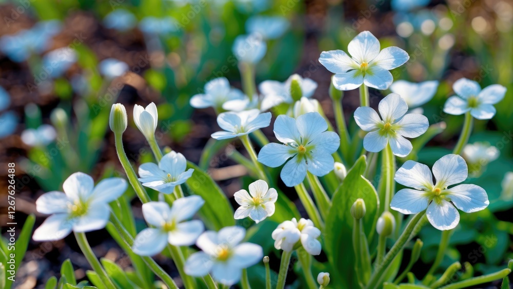 Obraz premium Greater Stitchwort Blossoms in Spring Garden, Close-Up of Delicate White Flowers with Green Foliage, Natural Blooming Beauty