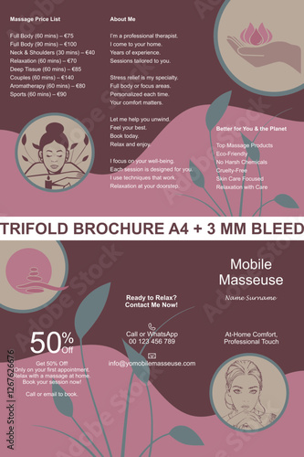 mobile masseuse trifold brochure template A4 3 mm bleed on each side