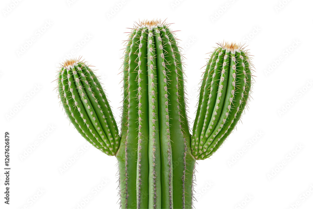 A vibrant green cactus with multiple arms showcasing its unique structure., transparent background. A vibrant green cactus with multiple arms showcasing its unique structure., transparent background.