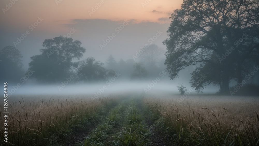 Misty Dawn Landscape with Silhouetted Trees and Grass in a Tranquil Field Setting Misty Dawn Landscape with Silhouetted Trees and Grass in a Tranquil Field Setting