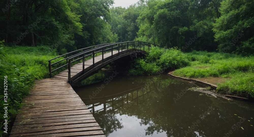 Lush green park scene featuring a rustic footbridge over a calm natural pond, evoking tranquility and a connection to nature. Lush green park scene featuring a rustic footbridge over a calm natural pond, evoking tranquility and a connection to nature.