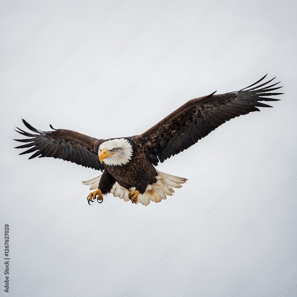 Fototapeta premium A bald eagle soaring with its wings wide open, powerful gaze, clear white background.