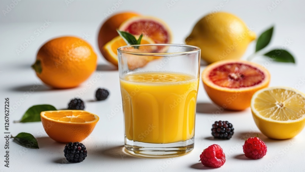 Refreshing Citrus Juice with Fresh Fruits on a Clean White Background Refreshing Citrus Juice with Fresh Fruits on a Clean White Background