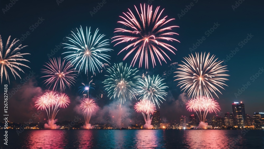 Vibrant Fireworks Display Over Water at Night with Copy Space for Celebratory Text or Announcements Vibrant Fireworks Display Over Water at Night with Copy Space for Celebratory Text or Announcements