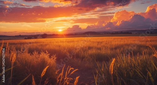 Vibrant golden sunset over a tranquil field with colorful clouds illuminated by warm sunlight creating a serene landscape scene. photo