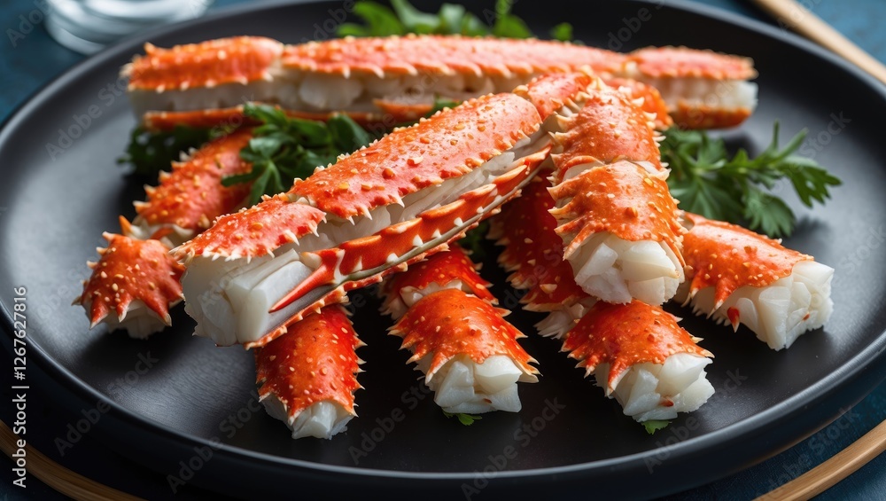 Deliciously arranged fresh crab sticks displayed on a black plate garnished with greenery for a vibrant seafood presentation.