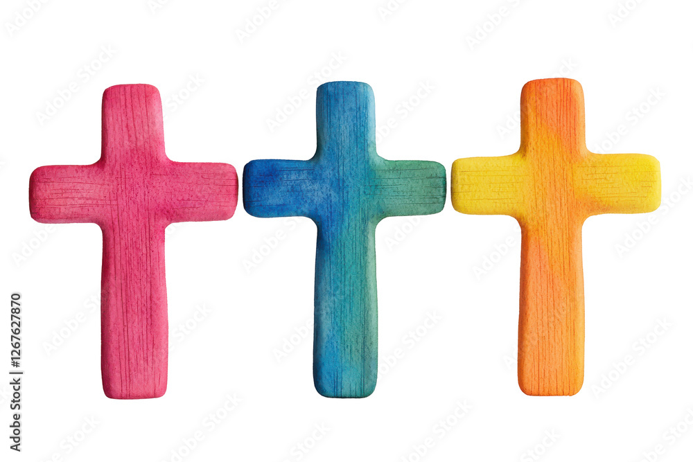 Obraz premium Colorful wooden crosses representing faith and spirituality in a vibrant display., transparent background.