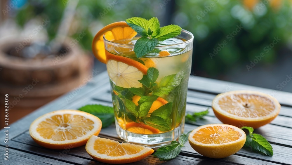 Fototapeta premium Refreshingly Cold Mint and Citrus Tea Served Outdoors with Fresh Ingredients and Sunlight