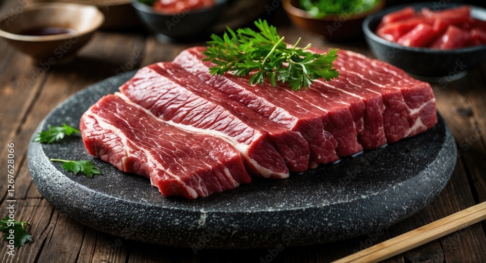 Juicy Raw Beef Slices on Stone Plate Garnished with Green Herbs for Sukiyaki, Shabu-Shabu, Yakiniku or Barbeque Cooking Delicacies Juicy Raw Beef Slices on Stone Plate Garnished with Green Herbs for Sukiyaki, Shabu-Shabu, Yakiniku or Barbeque Cooking Delicacies