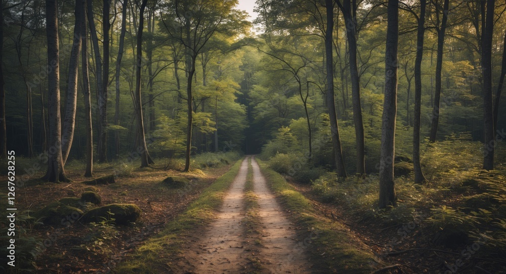 Obraz premium Serene Forest Pathway Through Lush Green Trees Inviting Tranquility and Peaceful Nature Experience