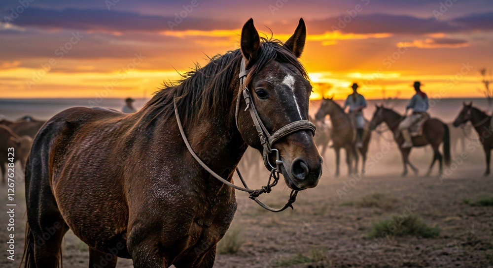 Obraz premium Seasoned Criollo Horse at the Front of a Cattle Drive, Guiding a Herd of Rugged Cattle Across an Open Plain as the Sun Dips Below the Horizon 
