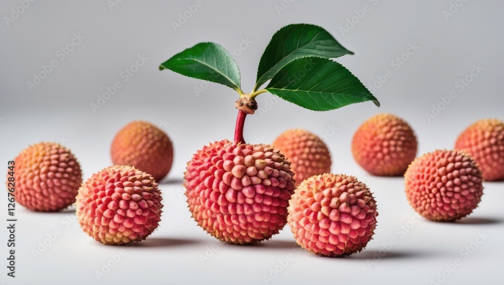Ripe lychee fruits with vibrant pink skins and green leaves arranged artistically on a white background showcasing their natural beauty. Ripe lychee fruits with vibrant pink skins and green leaves arranged artistically on a white background showcasing their natural beauty.