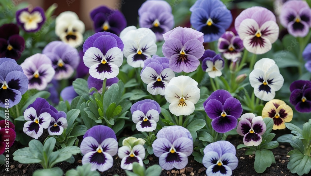 Fototapeta premium Vibrant pansy flowers in bloom showcasing a beautiful array of purple and white petals in a lush garden setting.