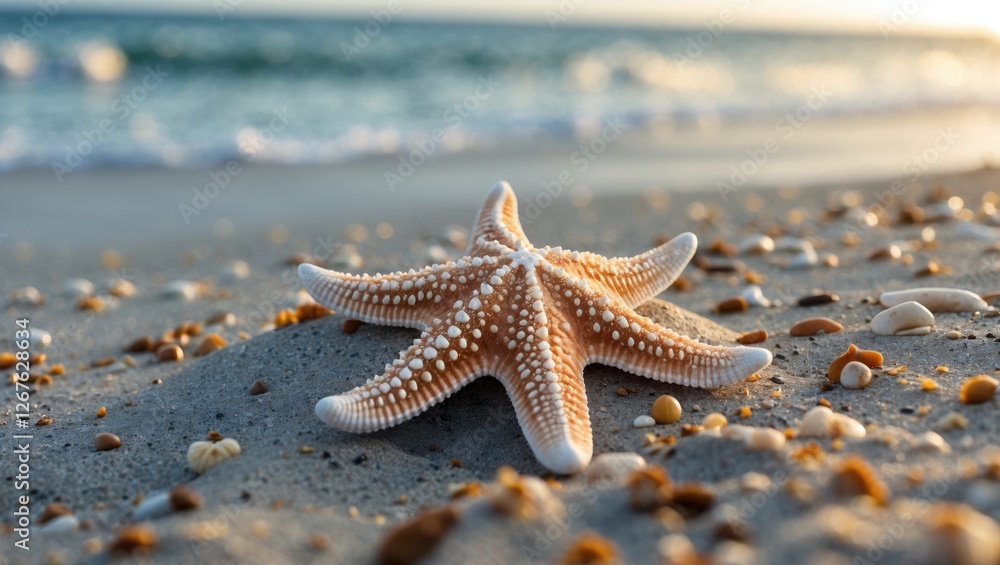 Starfish on Sandy Beach With Gentle Waves in Background and Clear Space for Summer Greetings or Text Addition Starfish on Sandy Beach With Gentle Waves in Background and Clear Space for Summer Greetings or Text Addition