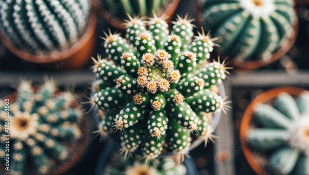 Fototapeta premium Vibrant Close-Up of Cactus with Flowering Blooms Against a Soft Background in Botanical Setting