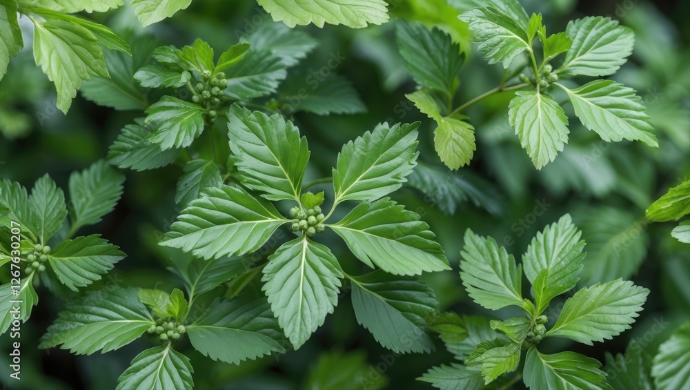 Vibrant green star gooseberry leaves with rich textures and empty space for text overlay creating a fresh and natural aesthetic. Vibrant green star gooseberry leaves with rich textures and empty space for text overlay creating a fresh and natural aesthetic.