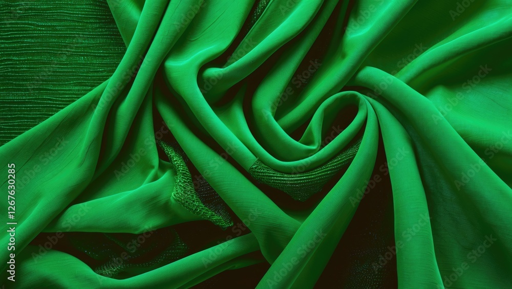 Obraz premium Vibrant green fabric texture in elegant folds creating an abstract background ideal for design and creative projects.