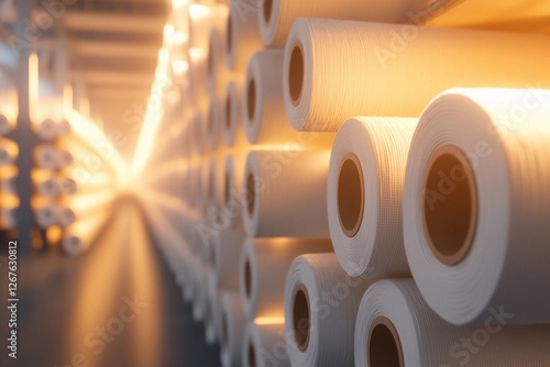 Finished woolen fabric rolls stacked in an organized textile factory setting