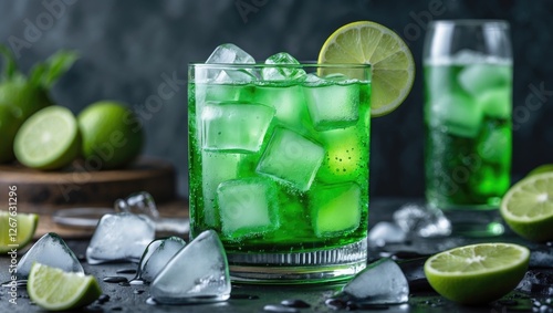 Refreshing Green Soda with Ice and Lime Garnish in a Stylish Glass Setting photo