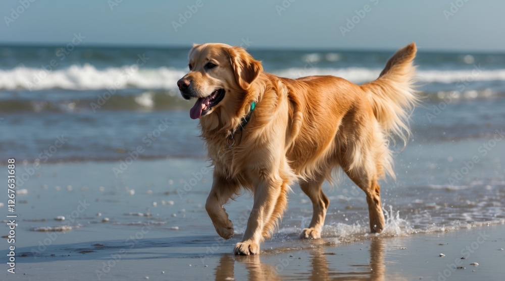 Golden retriever joyfully running along the shoreline enjoying a sunny day at the beach with gentle waves in the background Golden retriever joyfully running along the shoreline enjoying a sunny day at the beach with gentle waves in the background