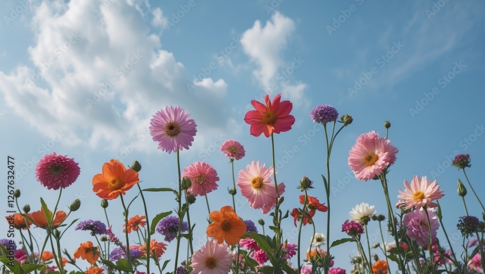 Obraz premium Vibrant Flower Field Against Clear Blue Sky With Space For Copy Ideal For Inspirational Text And Nature Themes