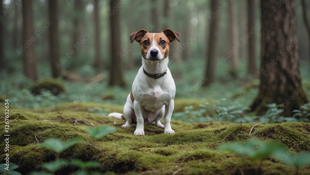 Jack Russell Terrier Sitting on Moss in Tranquil Forest Landscape with Copy Space for Text and Nature Background Jack Russell Terrier Sitting on Moss in Tranquil Forest Landscape with Copy Space for Text and Nature Background